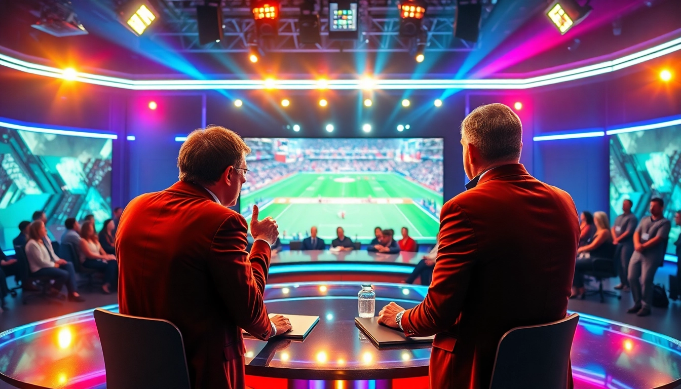 Engaging sports broadcasting scene with hosts discussing live sports highlights.