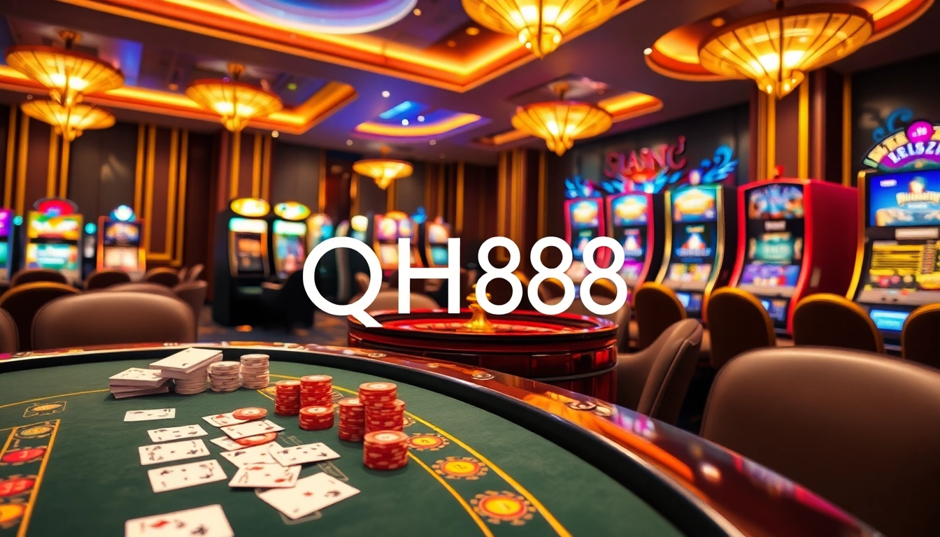 Experience the vibrant excitement of qh88 in a luxurious casino setting with poker chips, cards, and roulette.