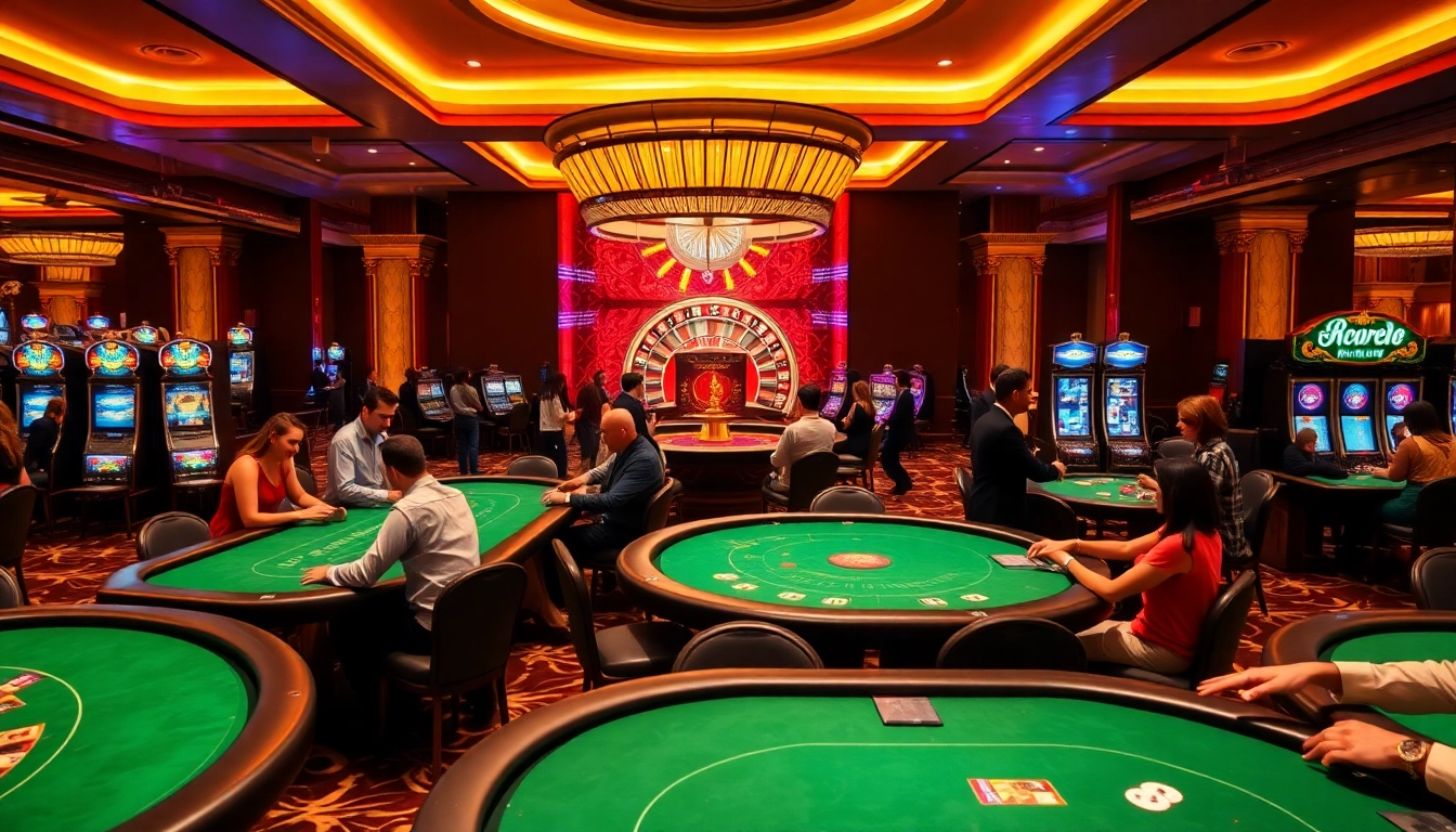 Experience the thrill of rr88 link at a luxurious casino with vibrant gaming tables and slot machines.