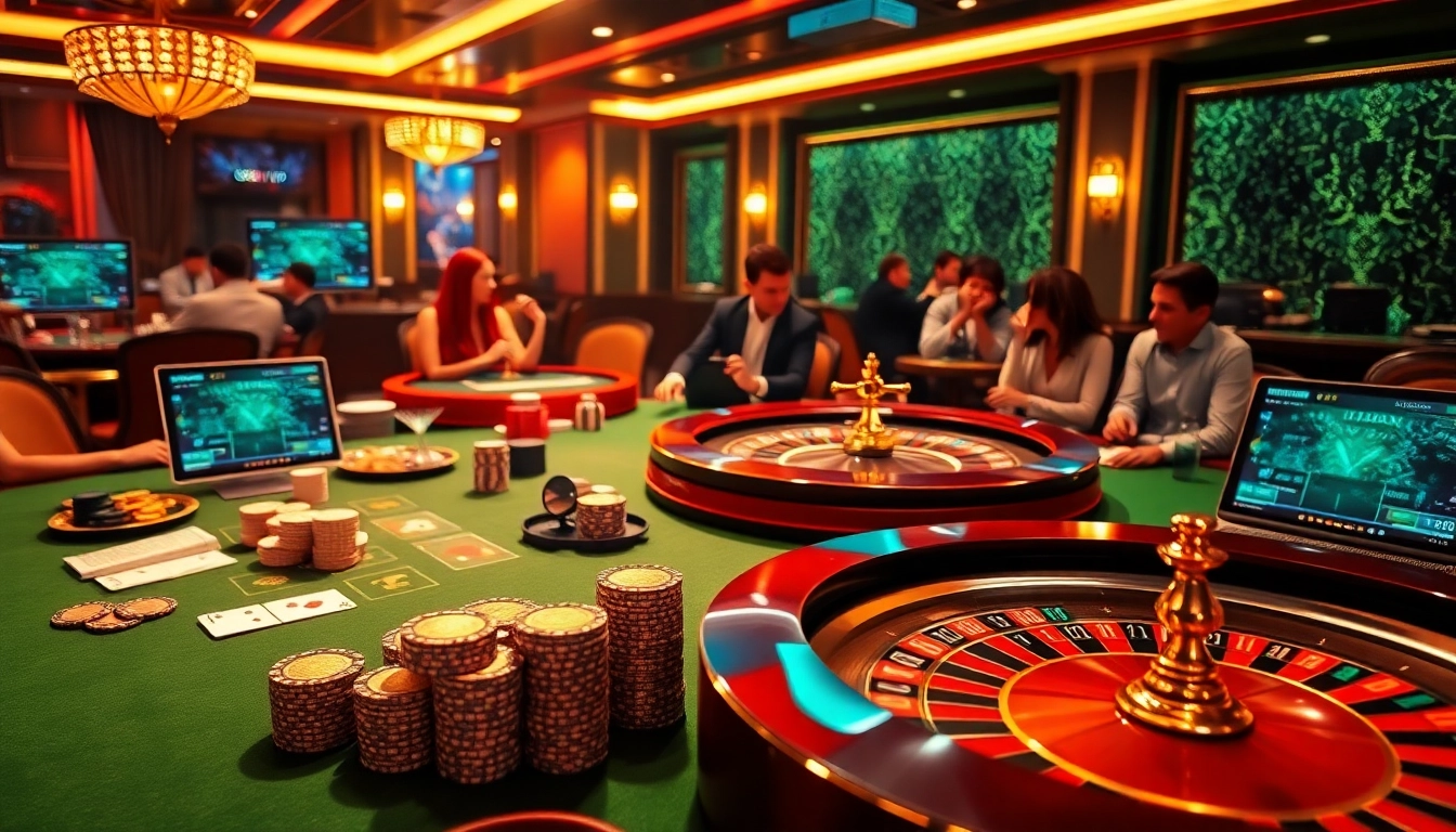 Gamblers enjoying an exciting game of poker and roulette at 68VIP online casino.