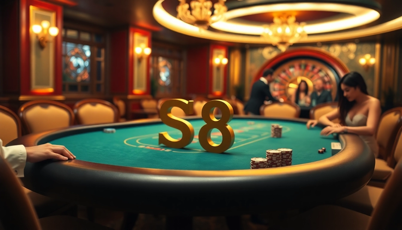 Players engage in a thrilling poker game at a glamorous casino with S8-themed elements.