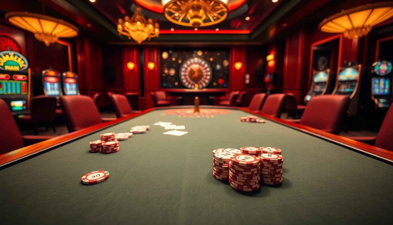 The thrilling atmosphere of gambling at https://68vip.bio/ with a luxurious poker table and vibrant casino decor.