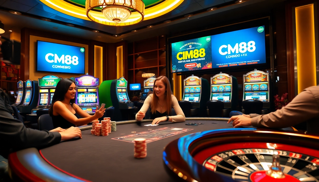 Players engaging at a poker table in a luxury casino, showcasing CM88 promotions.